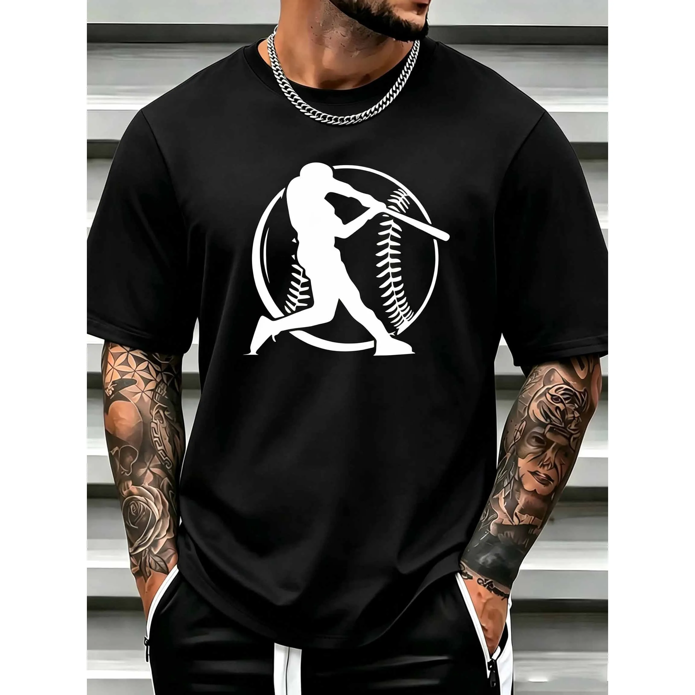 Baseball Batter Silhouette Graphic T-Shirt for Men Breathable Casual Short Sleeve Crew Neck Tee