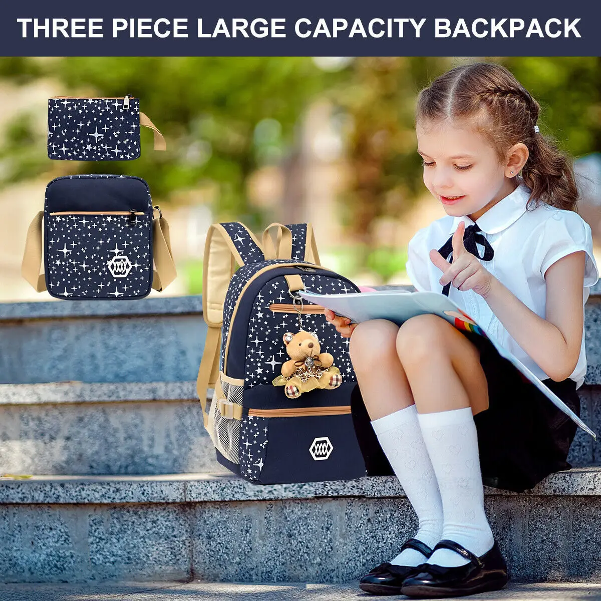 여학생용 스쿨 백팩 세트, 크로스백, 필통, 지갑, 곰 펜던트가 달린 귀여운 스쿨 백, 십대 소녀들을 위한 책가방 토트백