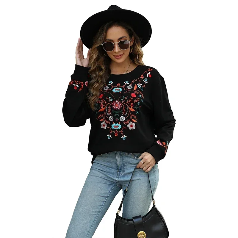 Eaeovni Women\'s Embroidered Pullover Mexican Cotton Sweatshirt Bohemian Casual Long Sleeve Fall Sweatshirt with Pockets