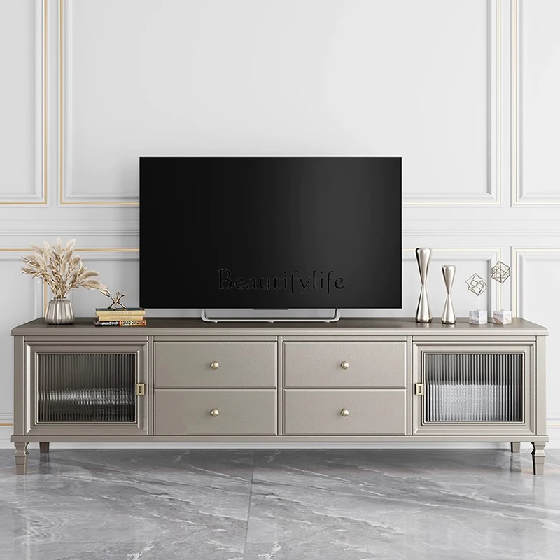 

02American light luxury solid wood TV cabinet coffee table combination living room background wall video cabinet