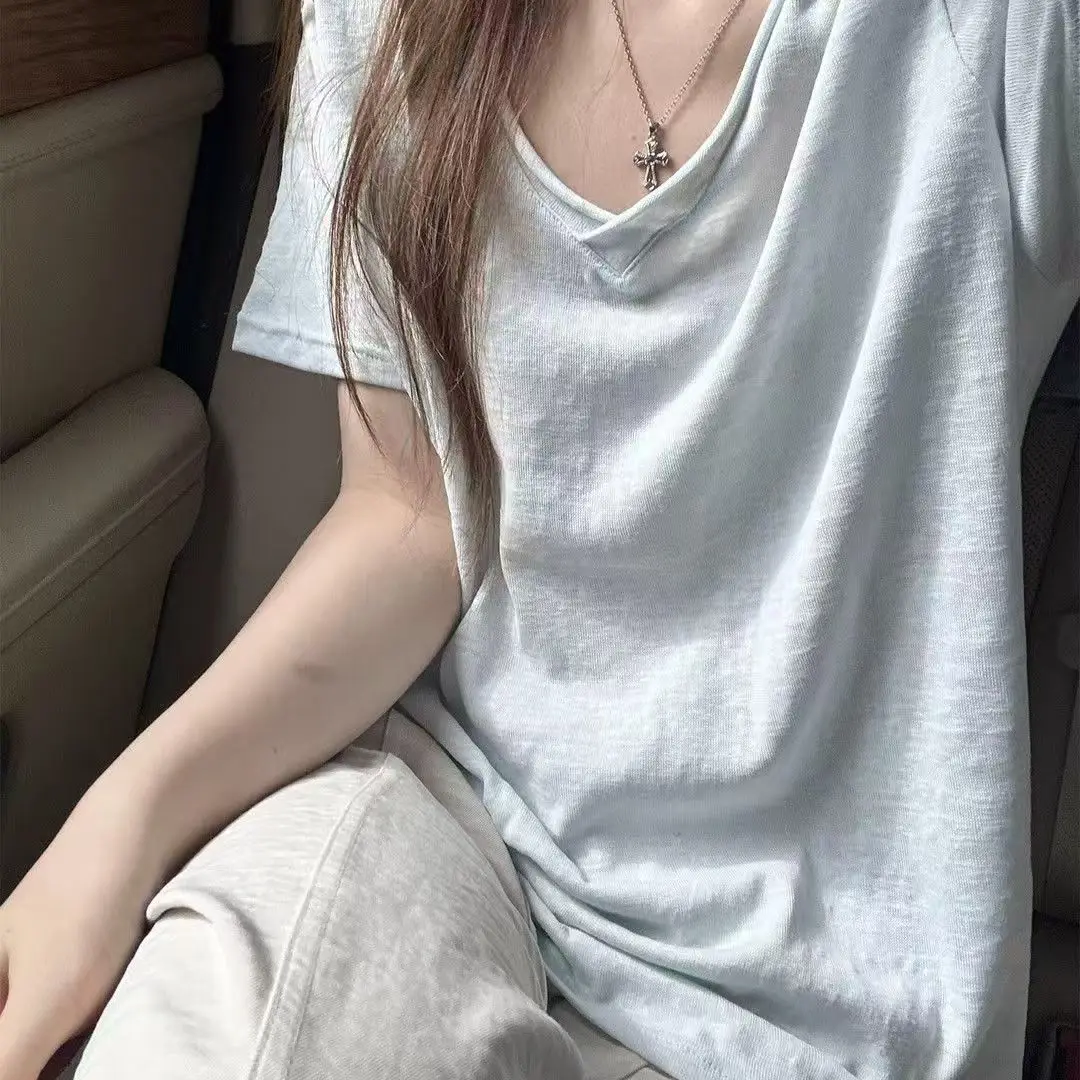 Retro Loose Fit V-Neck Short Sleeve T-Shirt Women's Summer plus Size Lightweight Comfortable Breathable Casual Top