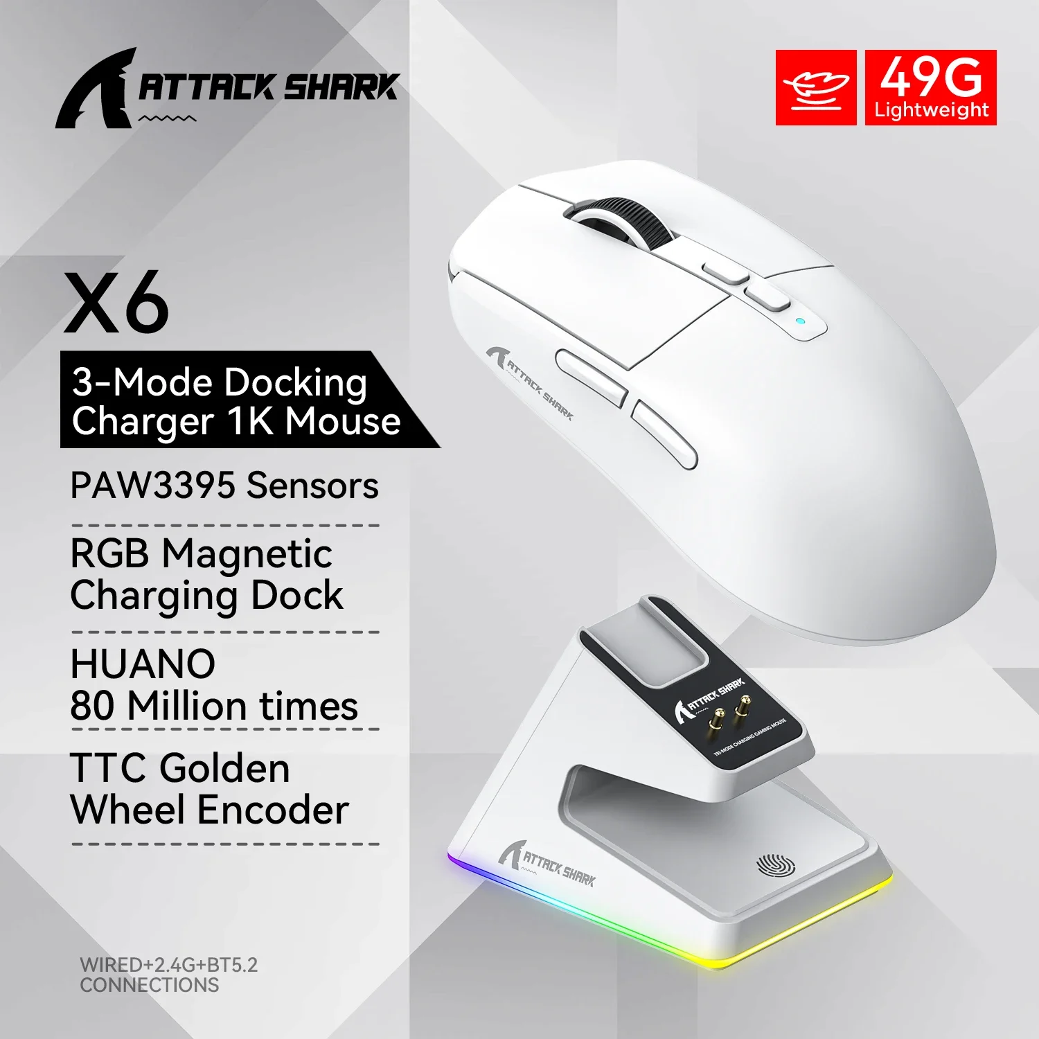 mouse attack shark x6 conexao tri mode bluetooth paw3395 base de carregamento magnetico rgb touch mouse macro para jogos 01