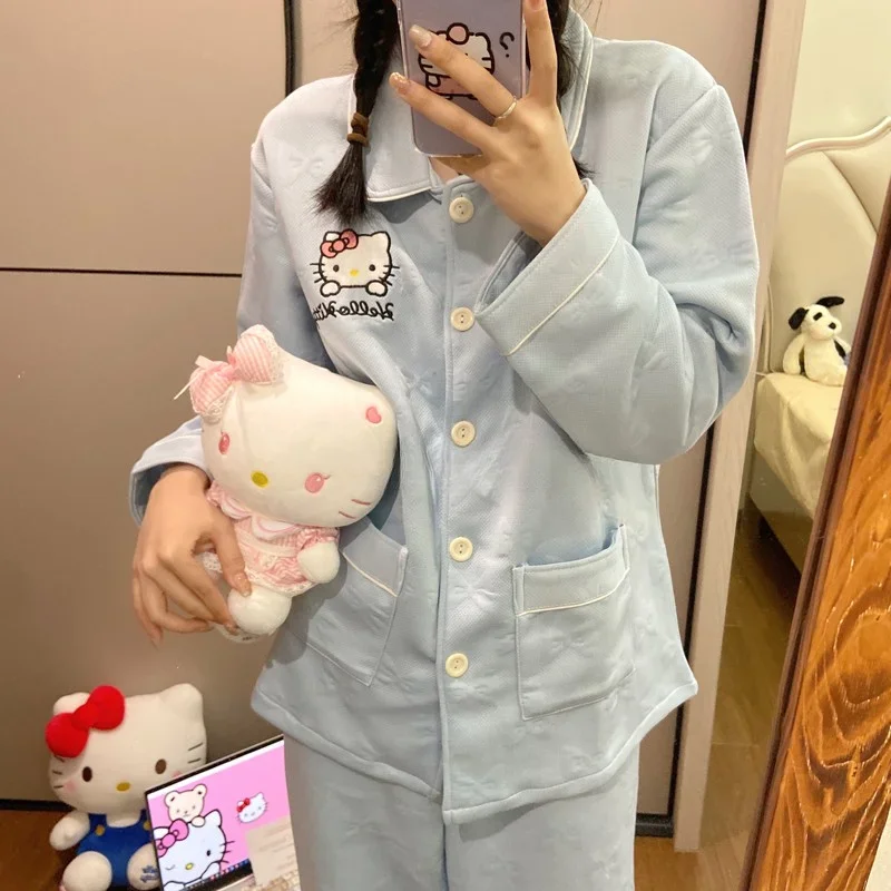 Cute Hello Kitty Loopy Pajama Girl Autumn Winter Loungewear Cartoon Sweet Cotton Laminated Warm Home Wear Long-sleeved Trousers