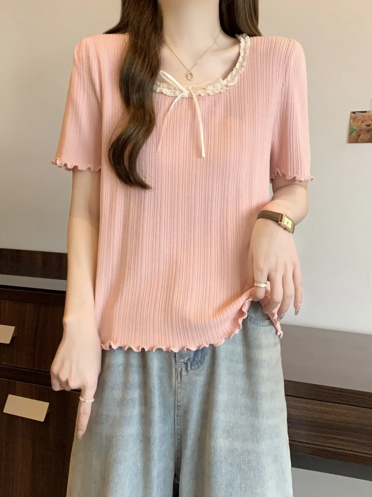 Pink Ice Silk Knitted Short Sleeve T-Shirt Women's Summer plus Size Beautiful  Knot Top Slimming Cute Little Shirt