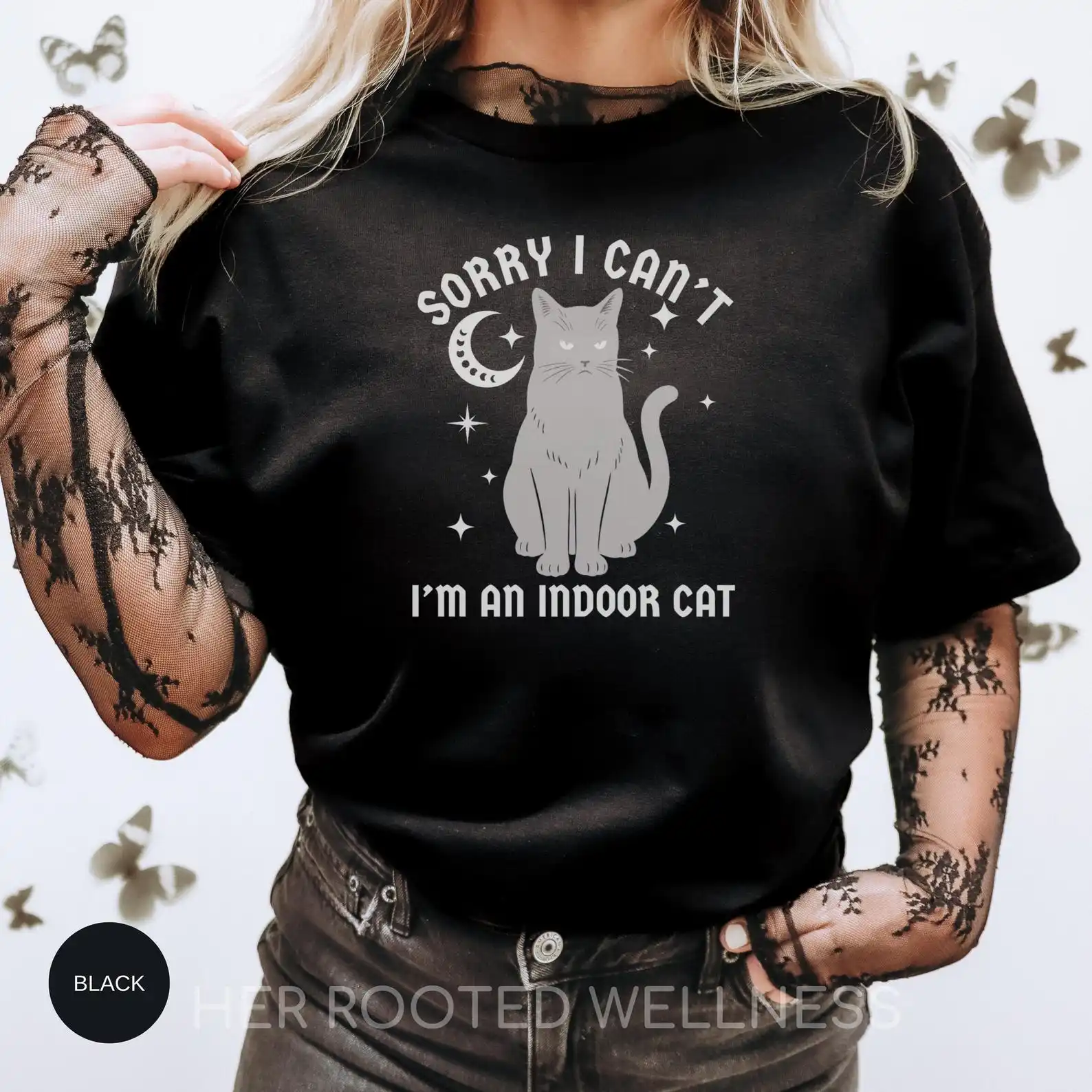 Sorry I Can't I'm An Indoor Cat Shirt | Gothic Black Cat Comfort T-shirt, Introvert Kitty  Intoverted Homebody Cat Mom Tee