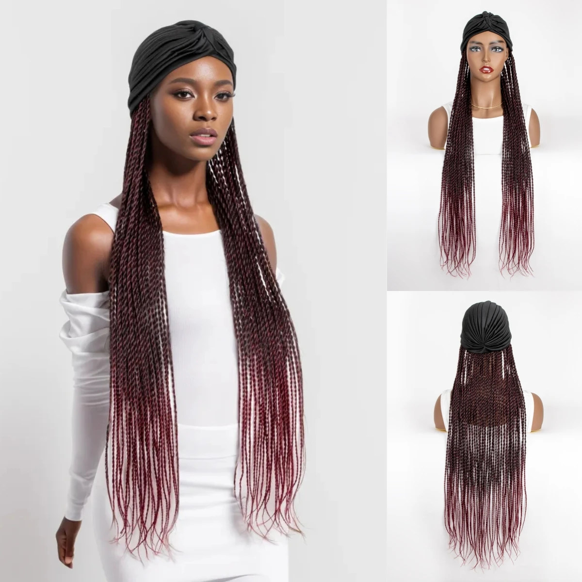 

WIGERA Long Ombre Black Burgundy Headbands Twist Braided Headwrap Synthetic Wig With Turban Braiding Hair Extensions For Women