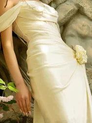 Champagne light wedding dress one-shoulder floral dress slimming slim banquet dress long skirt