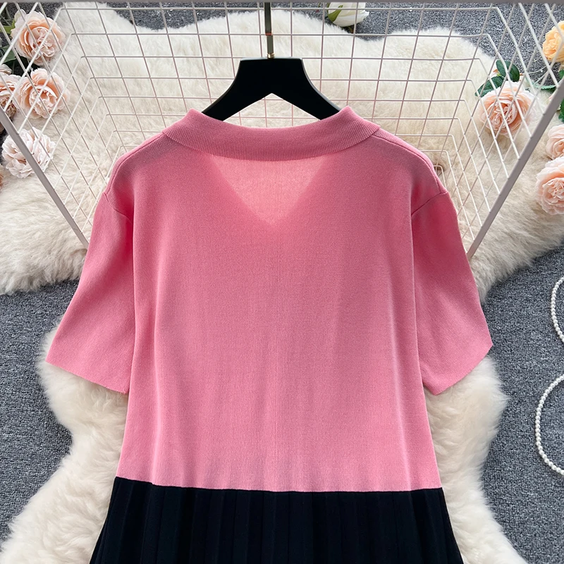 Women Vintage Polo Neck Buttons Contrast Color Short Sleeved Dress Summer Thin Loose Pleated Dress Casual Mid-Length Knit Dress