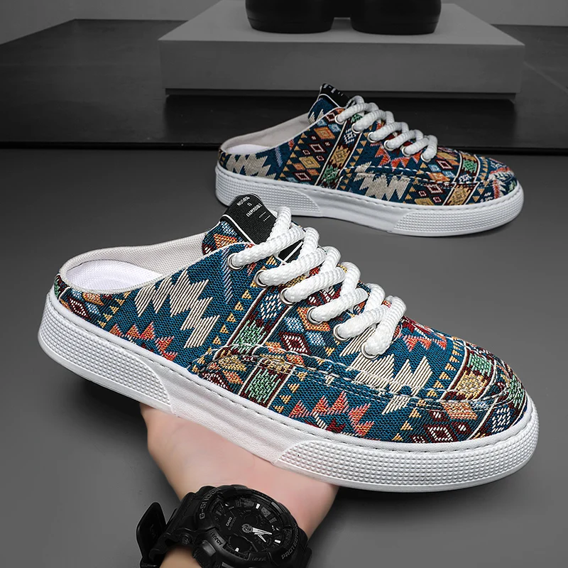 Summer Canvas Mules Men Backless Casual Shoes Open-back Loafers Slippers Flat Sneakers Platform Outdoor Half Shoes Slides Sandal