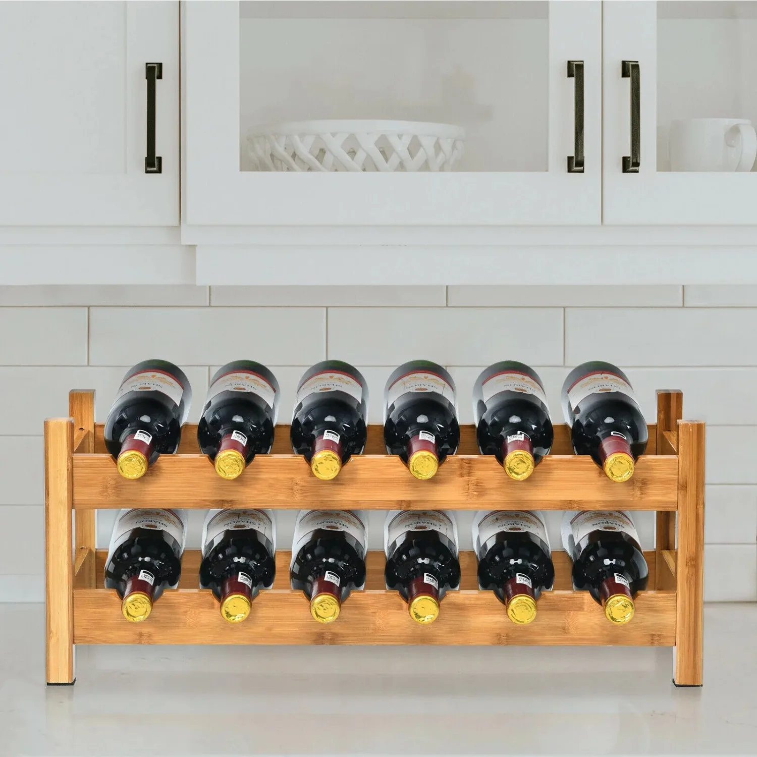 

Natural 2 Tier Bamboo Wine Rack 12 Bottle Display Storage Rack Rack Kitchen