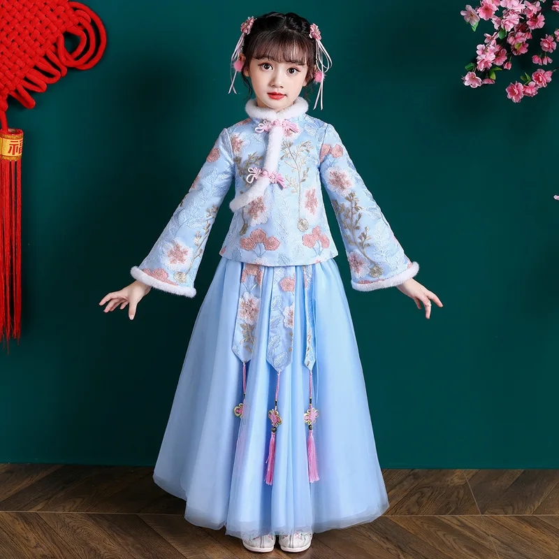 Red Girls Winter New Quilted Children's Hanfu Dress Lovely Girl Children Princess  Costume Dress Chinese New Years Clothes