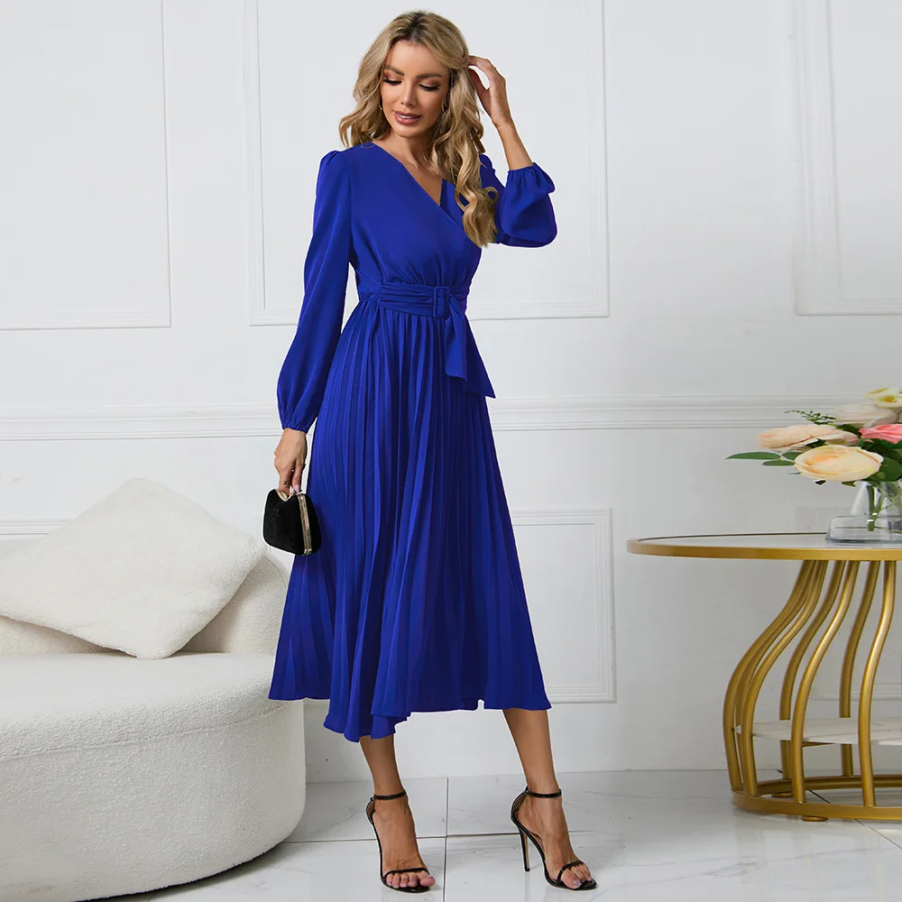 HYG-469#American Fashion New Style Long Sleeve Slim Pleated Belt V-neck Bridesmaid Dress Bride's Wedding Party Sisters Dress