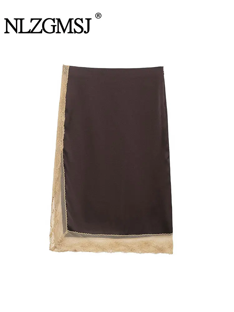 

NLZGMSJ Women Midi Skirts 2025 Autumn Fashion Solid Color Satin Lace Splice High Waist Skirts Women Elegant Party Skirts