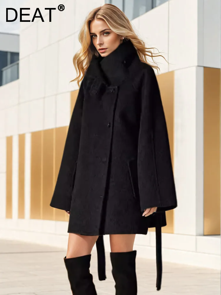 

DEAT Fashion Women's Woolen Coat Stand Collar Loose Single Breasted Sashes Short Blends Overcoat Winter 2024 New Tide 7AB4976