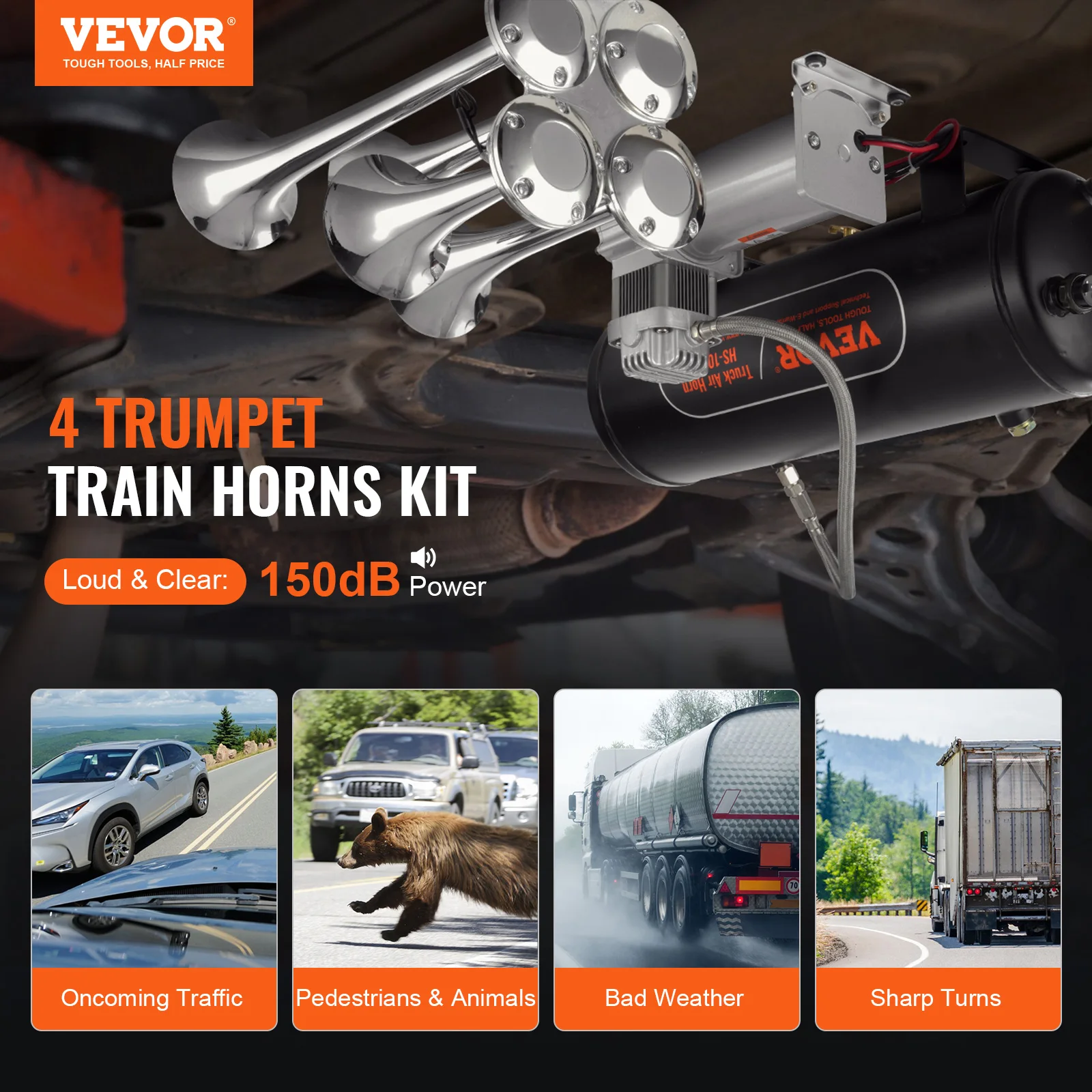 VEVOR 4 Trumpet Air Horn Kit, 150dB Train Horns for Pickup Trucks 2.6 Gal/10 L Tank with Gauge for Any 12V Vehicle Car Truck