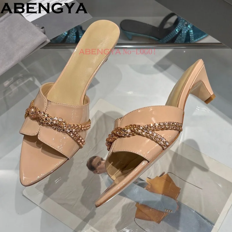 

Summer Spike Heels Crystal Slippers Women Sexy Point Toe Leather Party Shoes For Woman Slides Modern Sandals Women Slippers