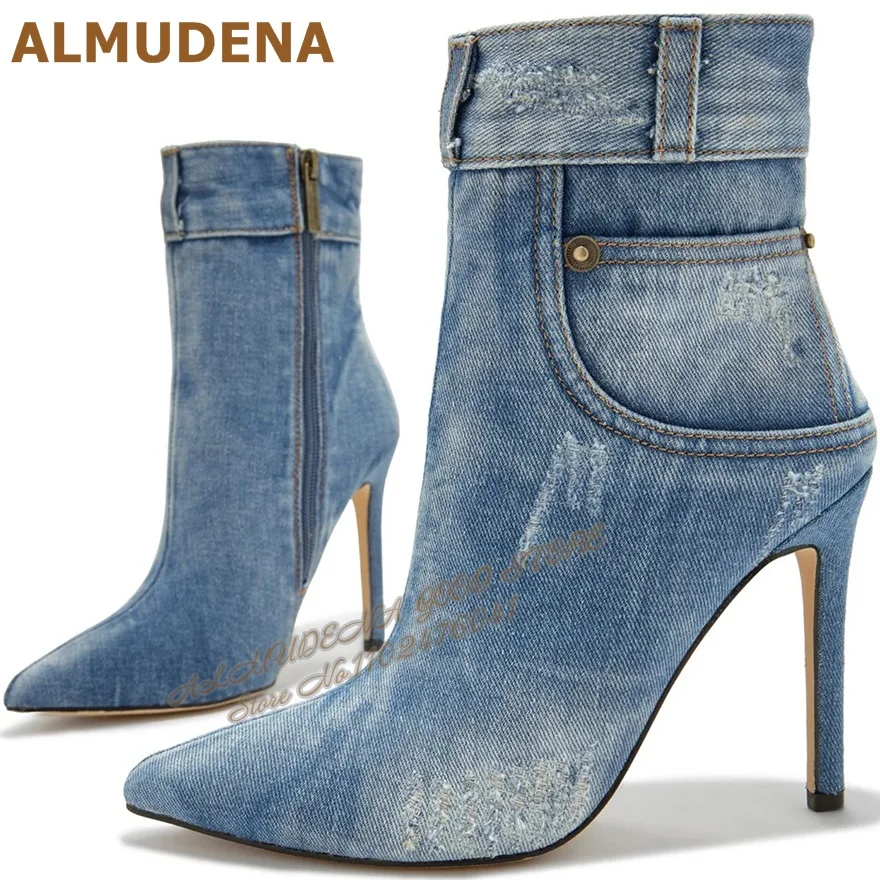 

ALMUDENA Blue Denim Retro Stylish Ankle Boots Stiletto Heels Pointed Toe Jeans Sewed Booties Elegant Zipped Dress Shoes