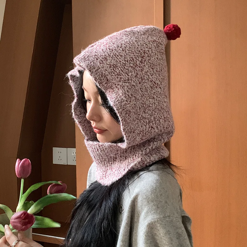 Koreanische Mischfarben-Mode-Pullover-Balaclava-Mütze mit Pompon-Design, Winter-Knopf-Halswärmer, integrierte warme Strickmütze für Damen – Detail 6