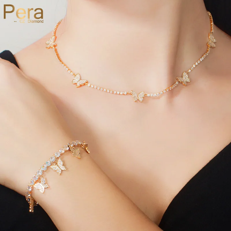 

Pera Fashion Women 3Pcs Chain Butterfly Necklace Earrings Bracelet Delicate Cubic Zirconia Gold Plated Bohemia Jewelry Sets J343