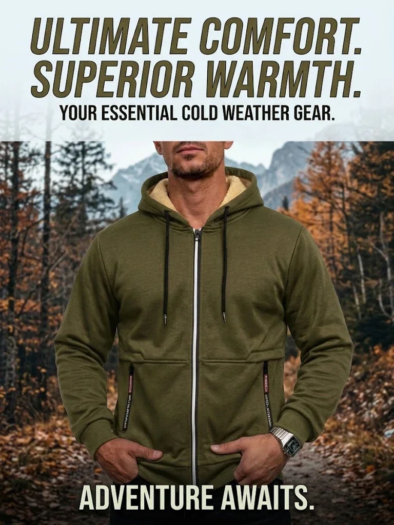 Neue Herren-Hoodie-Jacke mit Reißverschluss und Sherpa-Futter, Warme Dicke Winter-Fleece-Kapuzenjacke, Thermisches Freizeit-Oberbekleidungsstück, Schwergewichtiger Mantel – Detail 1