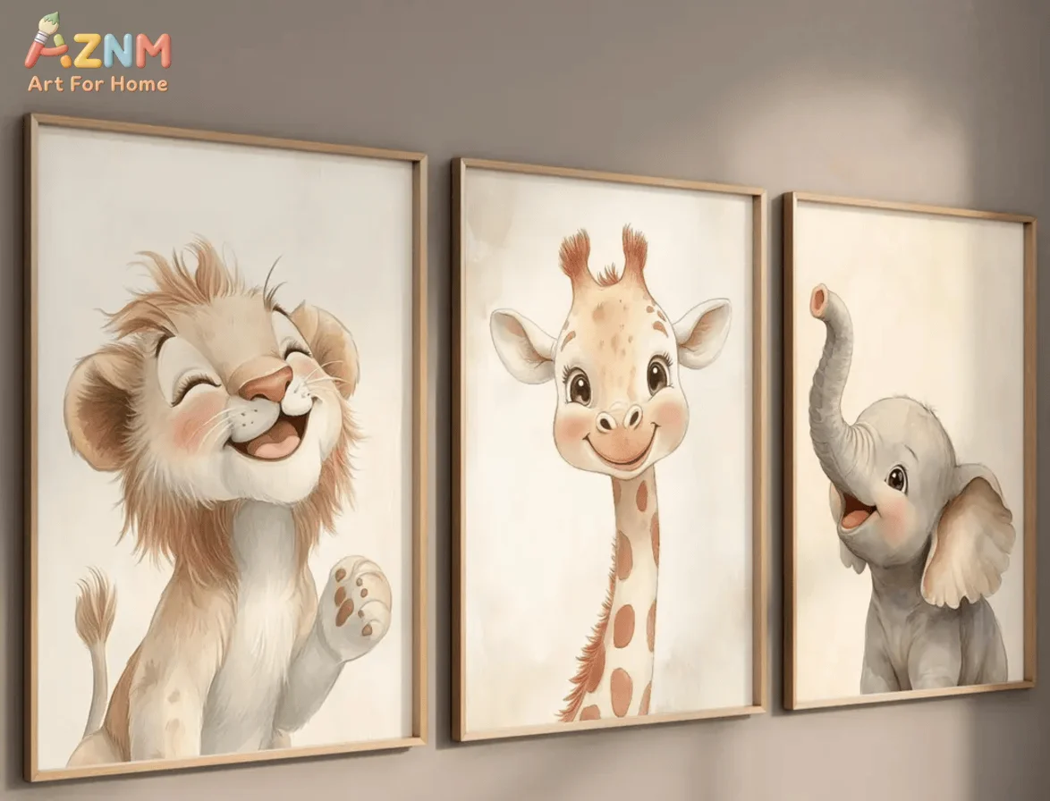 [2D Flat]1/3Pcs Canvas Poster(No Frame!!!), Watercolor Safari Animal Nursery Wall Art Set, Cute Smiling Lion Giraffe and Elephan
