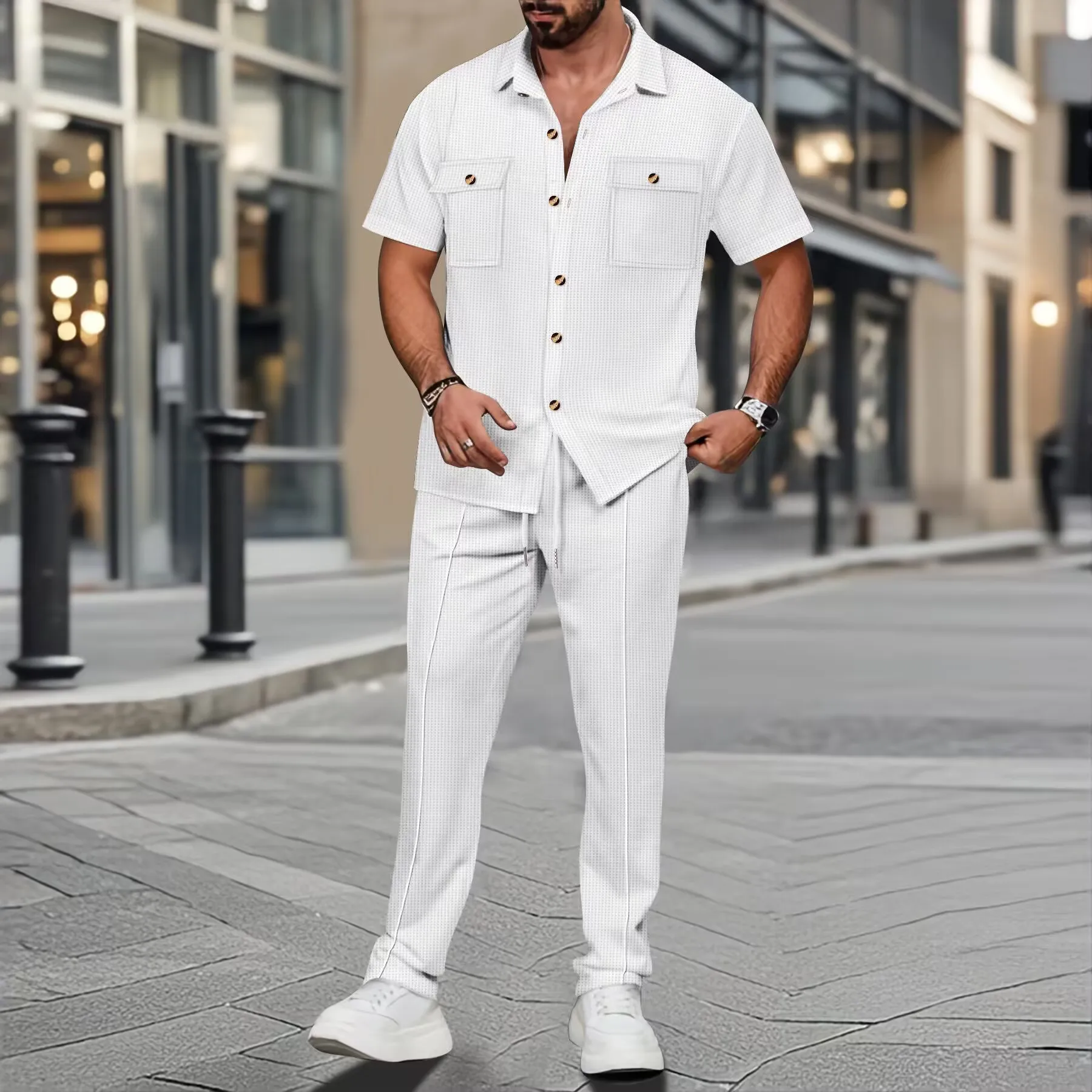 Men's Spring and Autumn Top New Solid Color Button Pocket Shirt Men's Casual Shirt Short Sleeve Pants Set - view 2