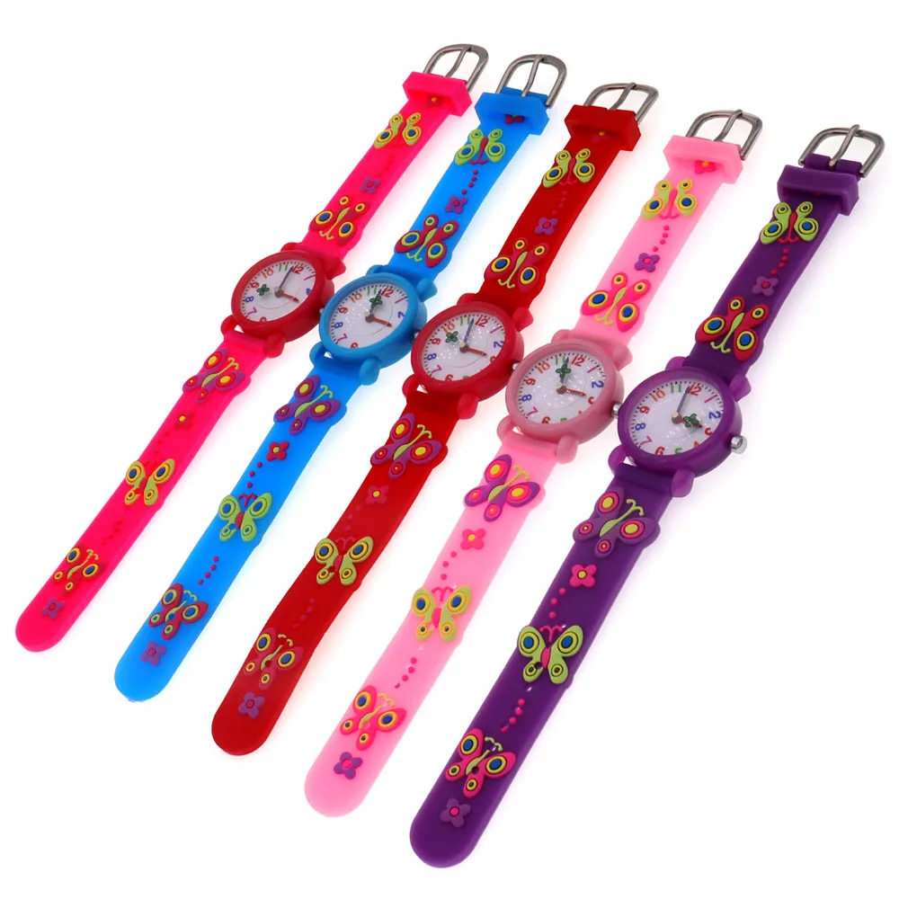 Relojes de cuarzo con mariposa 3D para niñas y mujeres, accesorio de pulsera de dibujos animados con manos y flores, bonito y encantador para estudiantes