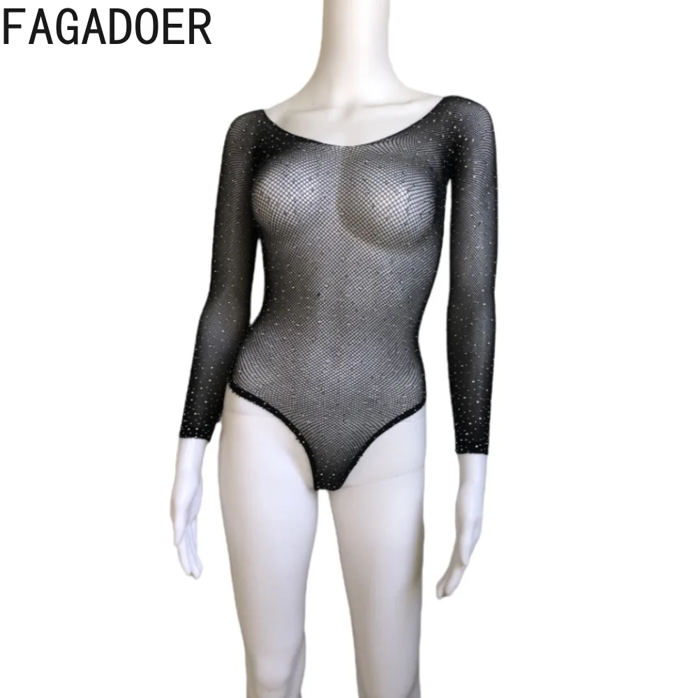 FAGADOER-bodysuit preto fora do ombro feminino, macacão de manga longa, bodycon fino geral, perspectiva diamante, moda sexy, preto