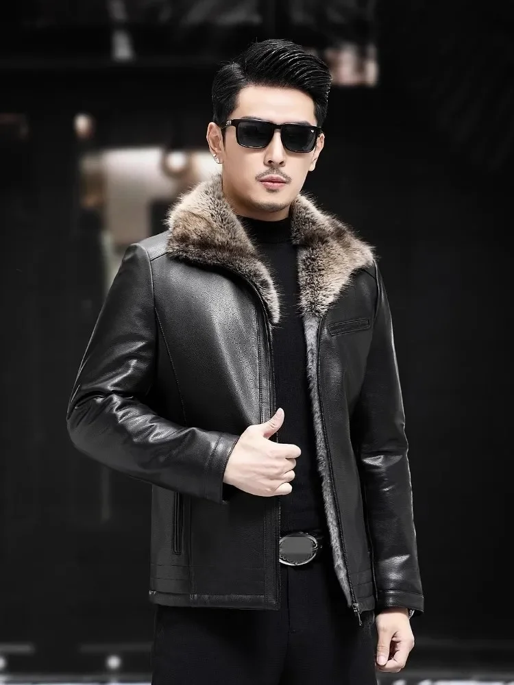 Fashion Mens Genuine Leather Jacket Winter Warm Artificial Mink Fur Lining Slim Fit Zipper Business Casual Sheepskin Short Coat