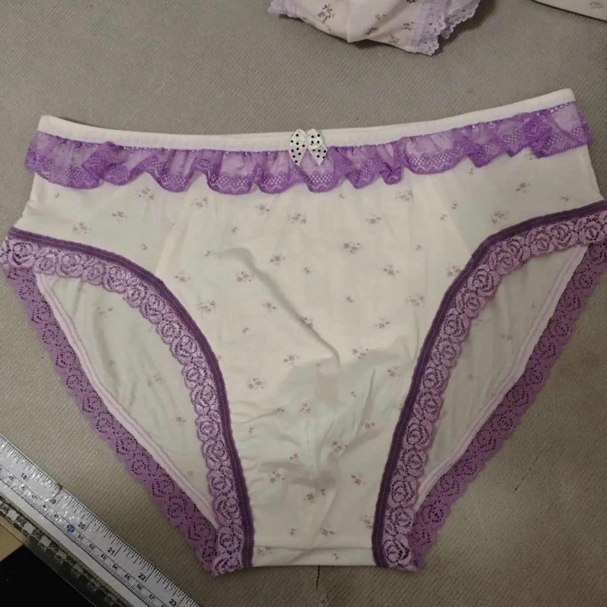 Man's Magic Purple Cotton Flower Embroid Net Mesh Cute Sexy Kawayi BF Panty Briefs Harajuku