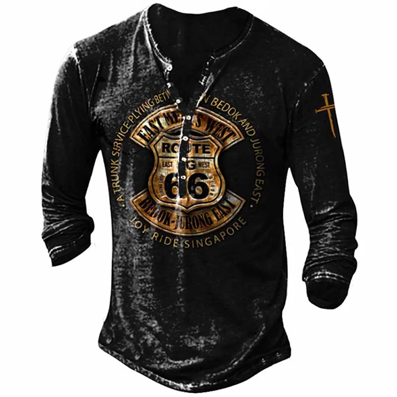Vintage Men\'s T-shirts With Buttons Spring Summer Cotton V-Neck Long Sleeve Route 66 Letter Printing Oversized T Shirts For Men