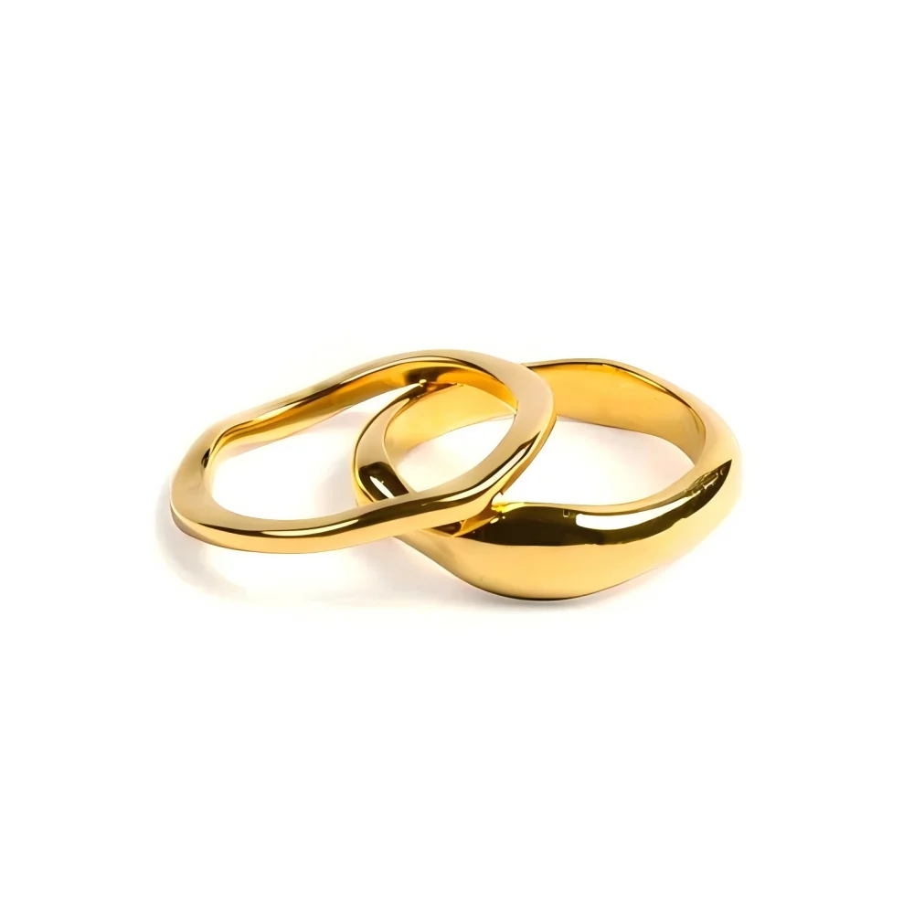 Women's Gold Color Chunky Ripple Band Stackable Ring Set