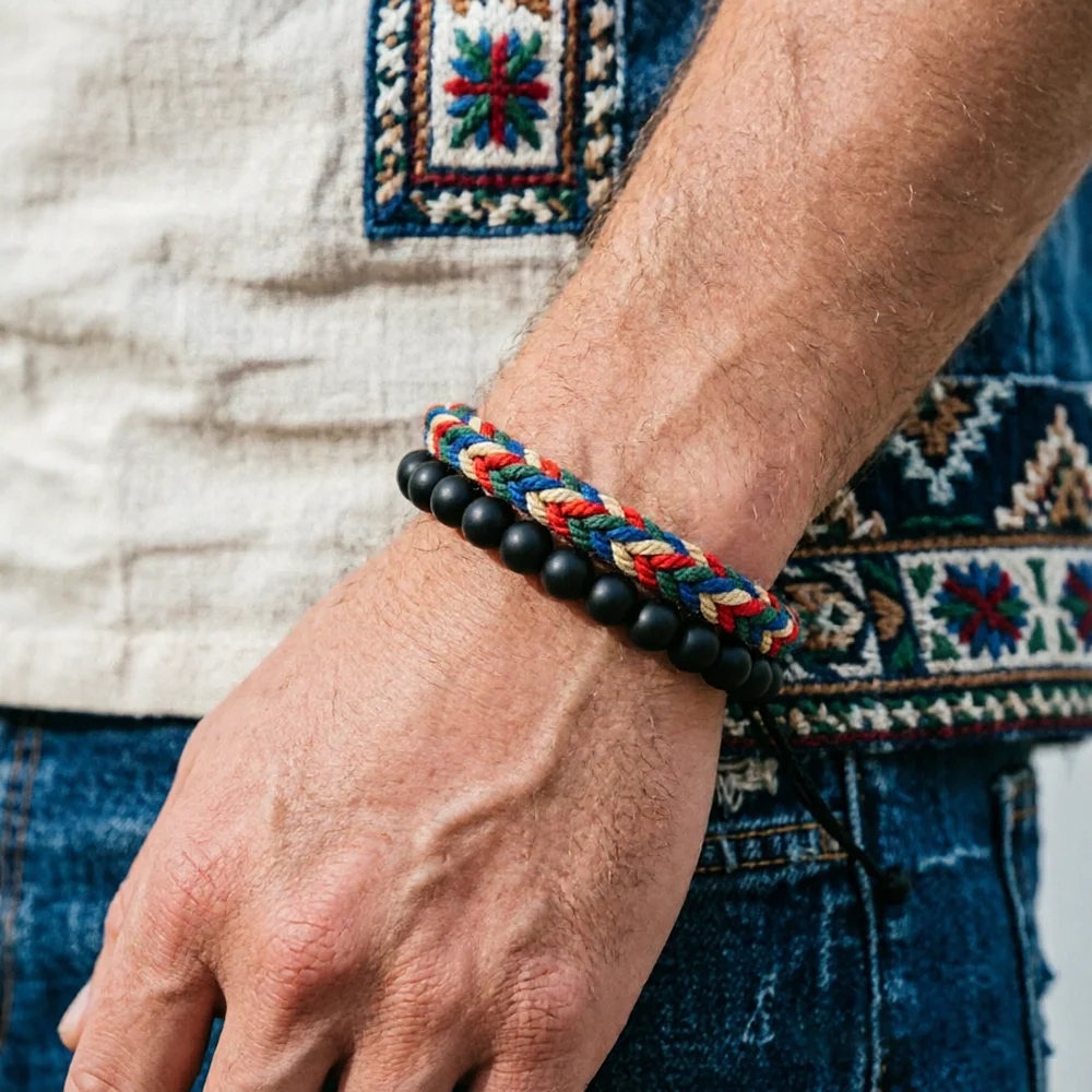 Stylish 2Pcs/Set Rope Stone Bracelet Apparel Accessories Braided Adjustable Matte Beaded Elastic Braslet Ethnic Couple Jewelry