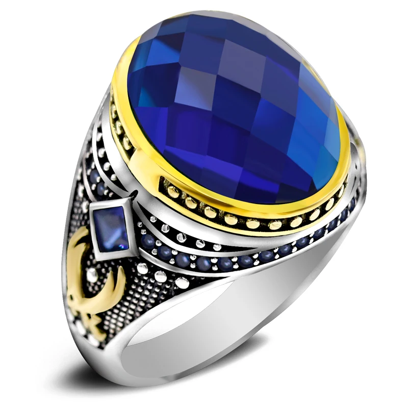 S925 men's silver jewelry, punk style, cubic blue glass, antique Türkiye handmade party ring gift, luxurious and authentic