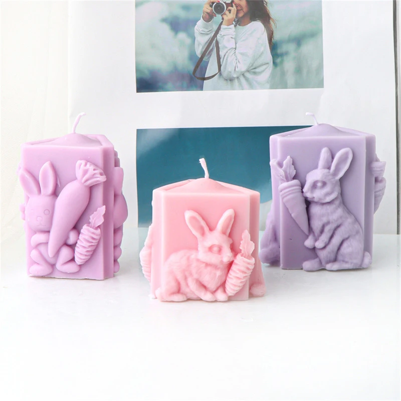 Flower Bunny Carrot Patterned Cylinder Silicone Candle Mold Cute Embossed Rabbit Bunny Aromatherapy Candle Making Plaster Mould