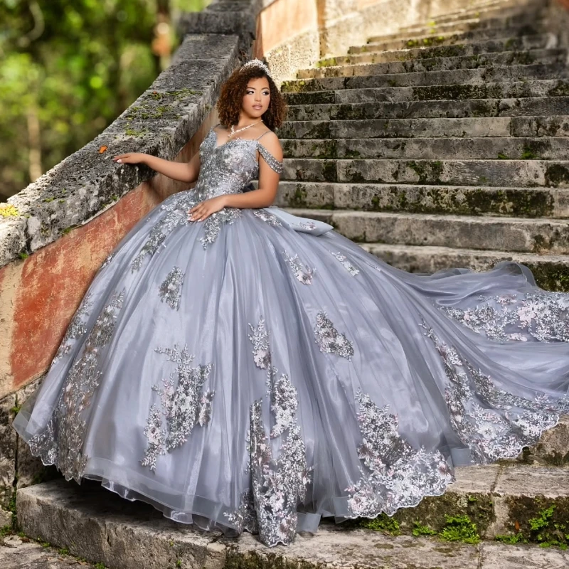 Grey Quinceanera Dresses Ball Gown Off The Shoulder Applique Lace Beads Bow Tull Party Birthday Sweet 16 Dress Vestidos De 15