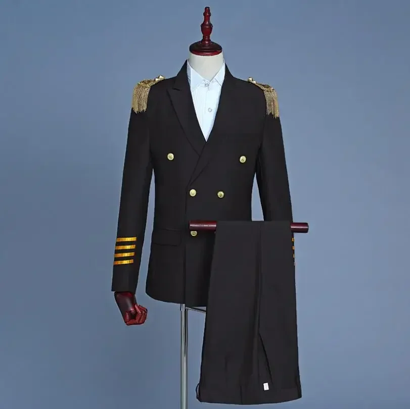 Navy Captain Officer Sailor Peacoat Costume Mens Blazer Suit Military Fringe Marching Band Jacket Uniform For Adult Coat+Pants