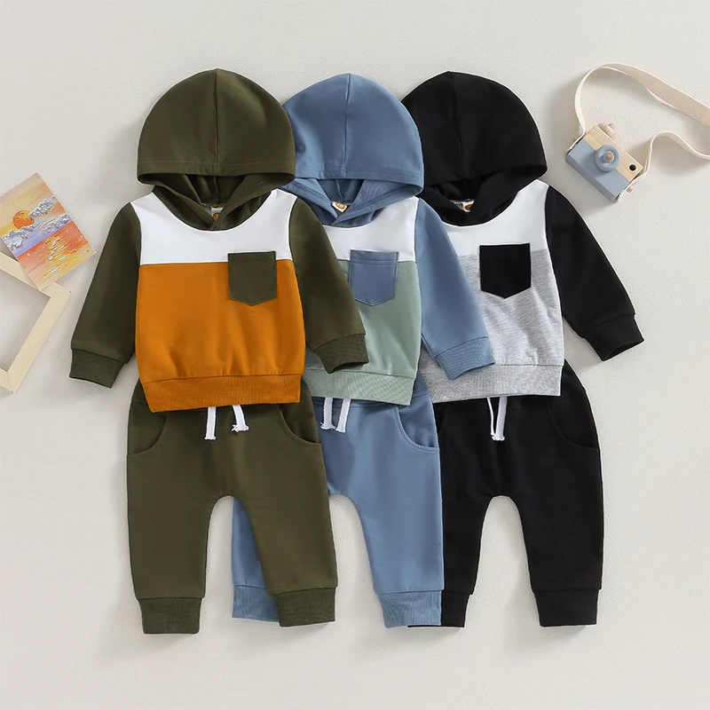 

2023-08-01 Lioraitiin 0-3Y Infant Baby Boys Clothes Outfits Set Long Hooded Color Block Sweatshirts Pants Set Fall Clothing