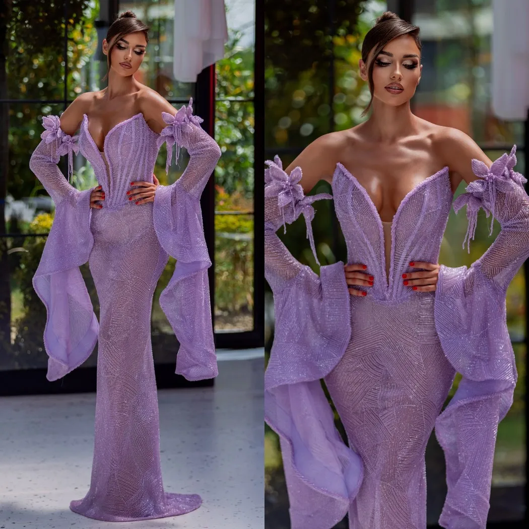 

Изысканное вечернее платье-русалка без бретелек с пайетками, жемчугом и бахромой, с рукавами-колокол, на заказ, для выпускного вечера, Vestidos De Noche