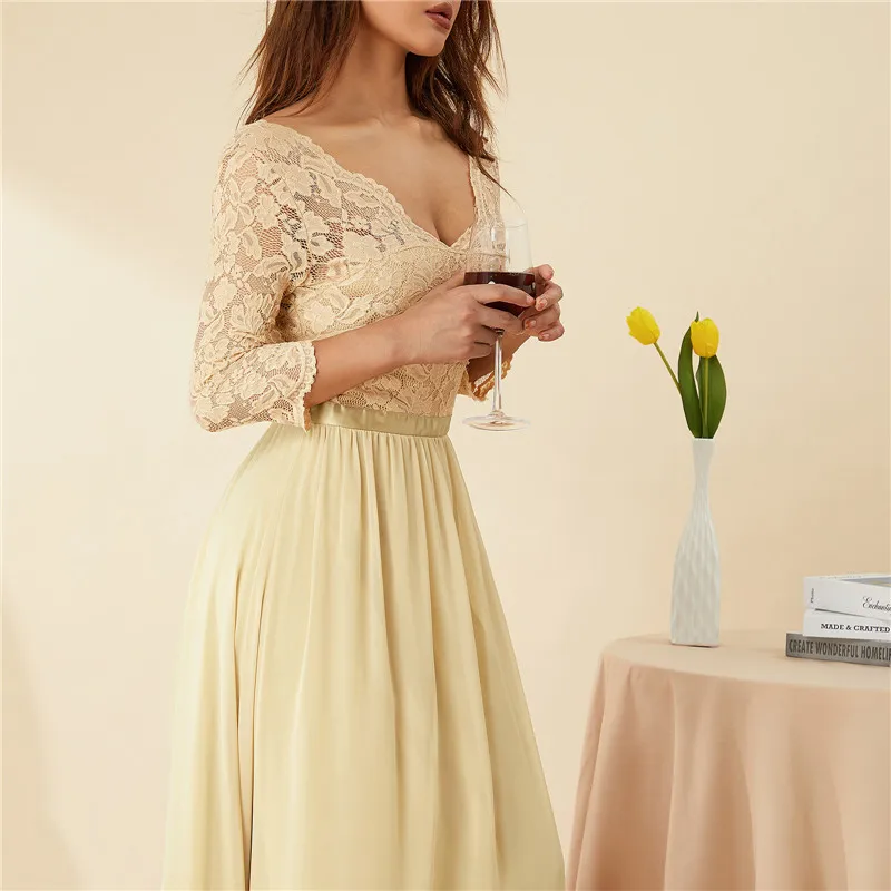 Women\'s Long Dress Summer Elegant Solid Color Patchwork Lace V-neck Mid-Sleeve Backless Back Zipper Wedding Party Prom Dress