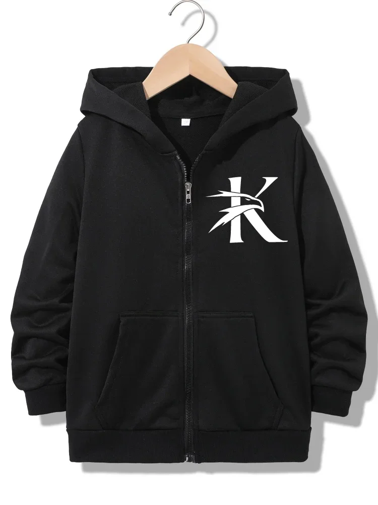 Kids Zip Up Hoodie Stylish Eagle Pattern Letter K Minimal Graphic Print Long Sleeve Hooded Jacket Boys Daily Street Outerwear