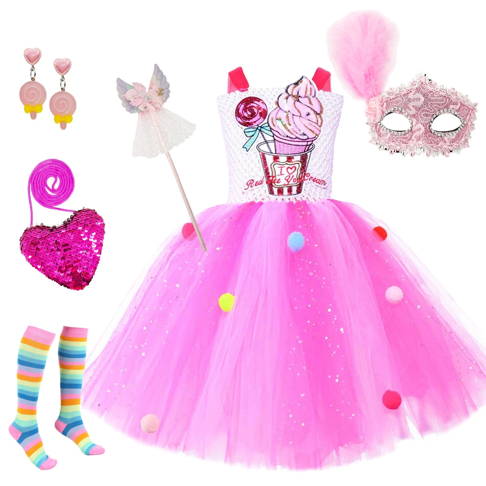 Girls Purim Festival Candy Dress Kids Pink Mesh Tutu Ball Gown Carnival Party Little Girl Birthday Costume Birthday Gift