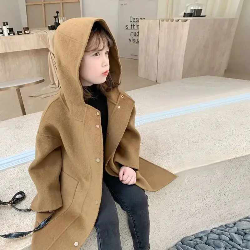 Girls\' woolen coat autumn/winter new children\'s hooded solid color coat Korean version baby medium long woolen coat