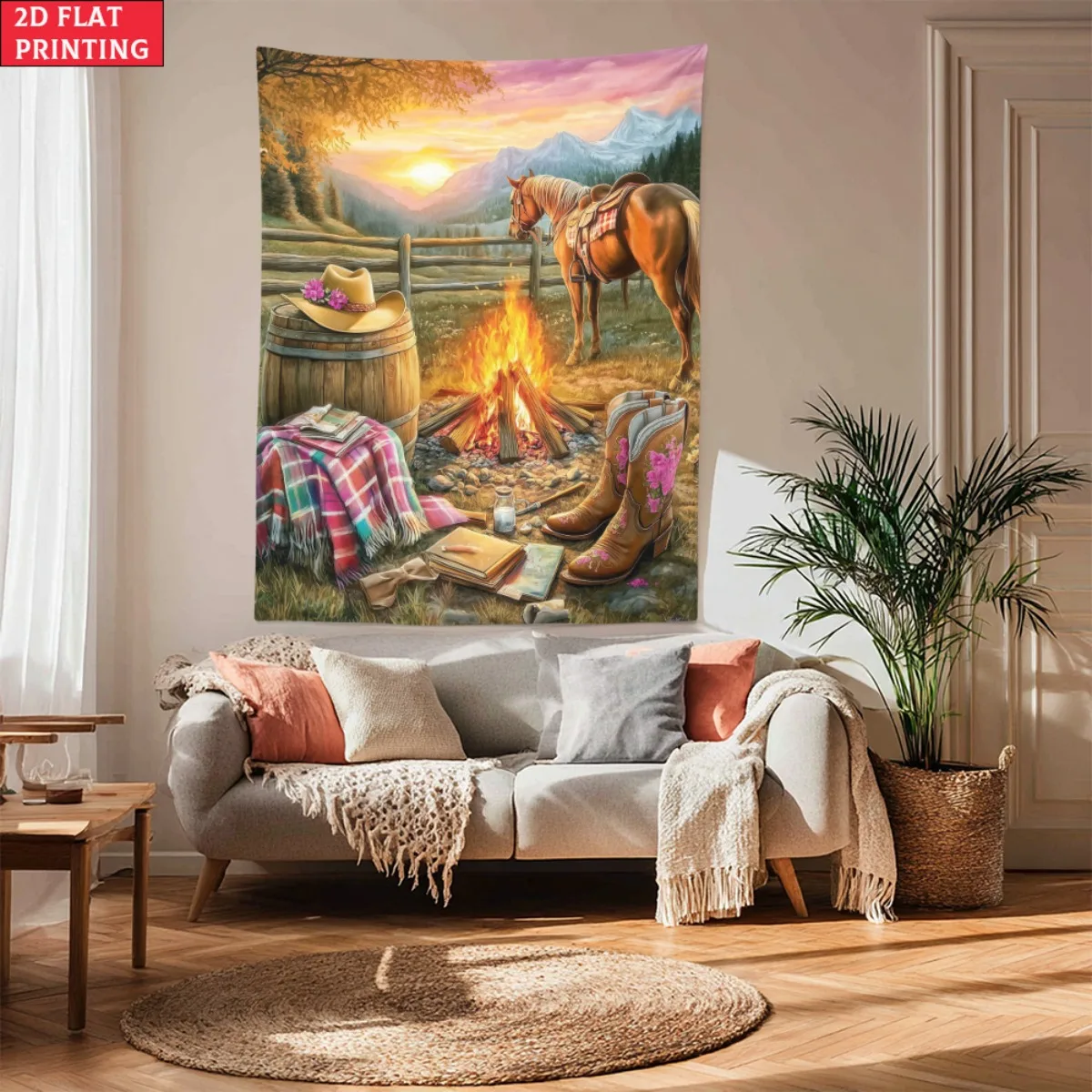 Cowboy horse campfire sunset mountain landscape tapestry wall hanging home decor rustic western style living room art decoration