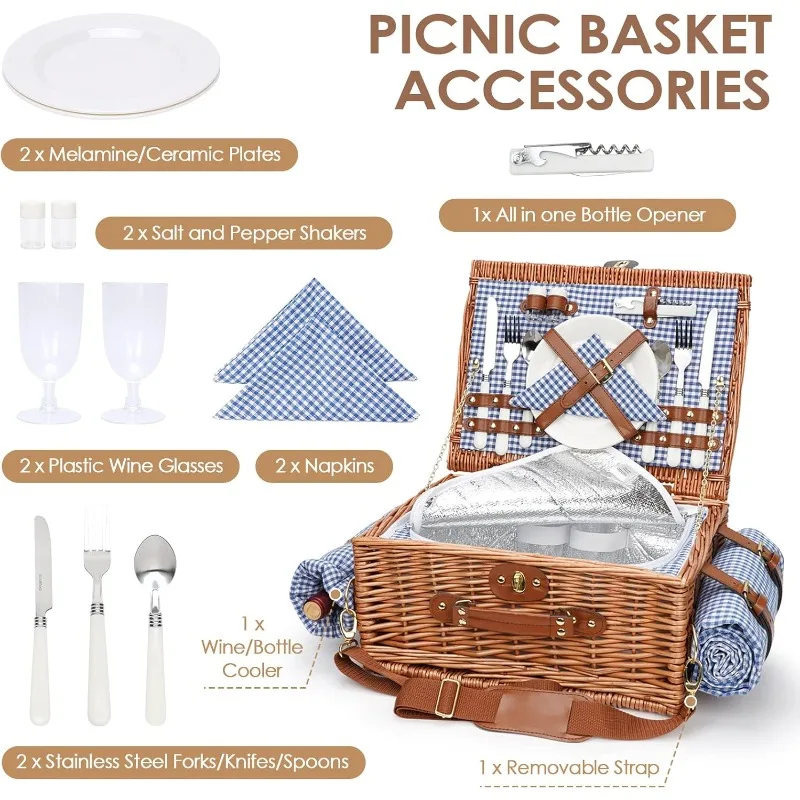 Picnic Baskets for 2,  Beach Mat & Large Insulated Cooler Compartment, Handmade Natural Wicker Hamper for Camping, Outdoor Party