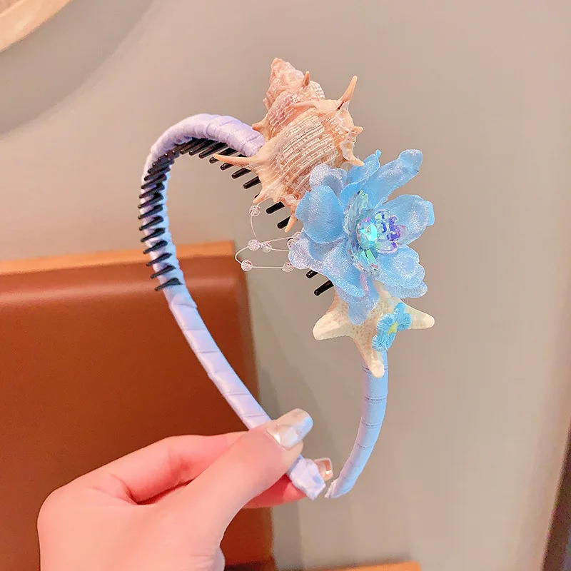 2026 New Summer Beach Shell Coach Headband For Girls Kids Boho Ocean Flower Tulle Bow Hair Hoop Children Hair Accessories Gift view 6