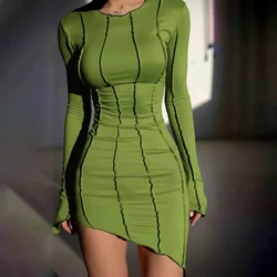 Soolasea 2024 New Spring Sexy Club Striped Y2K Mini Bodycon Party Women Dress autunno irregolare O collo manica lunga Fashion Dress