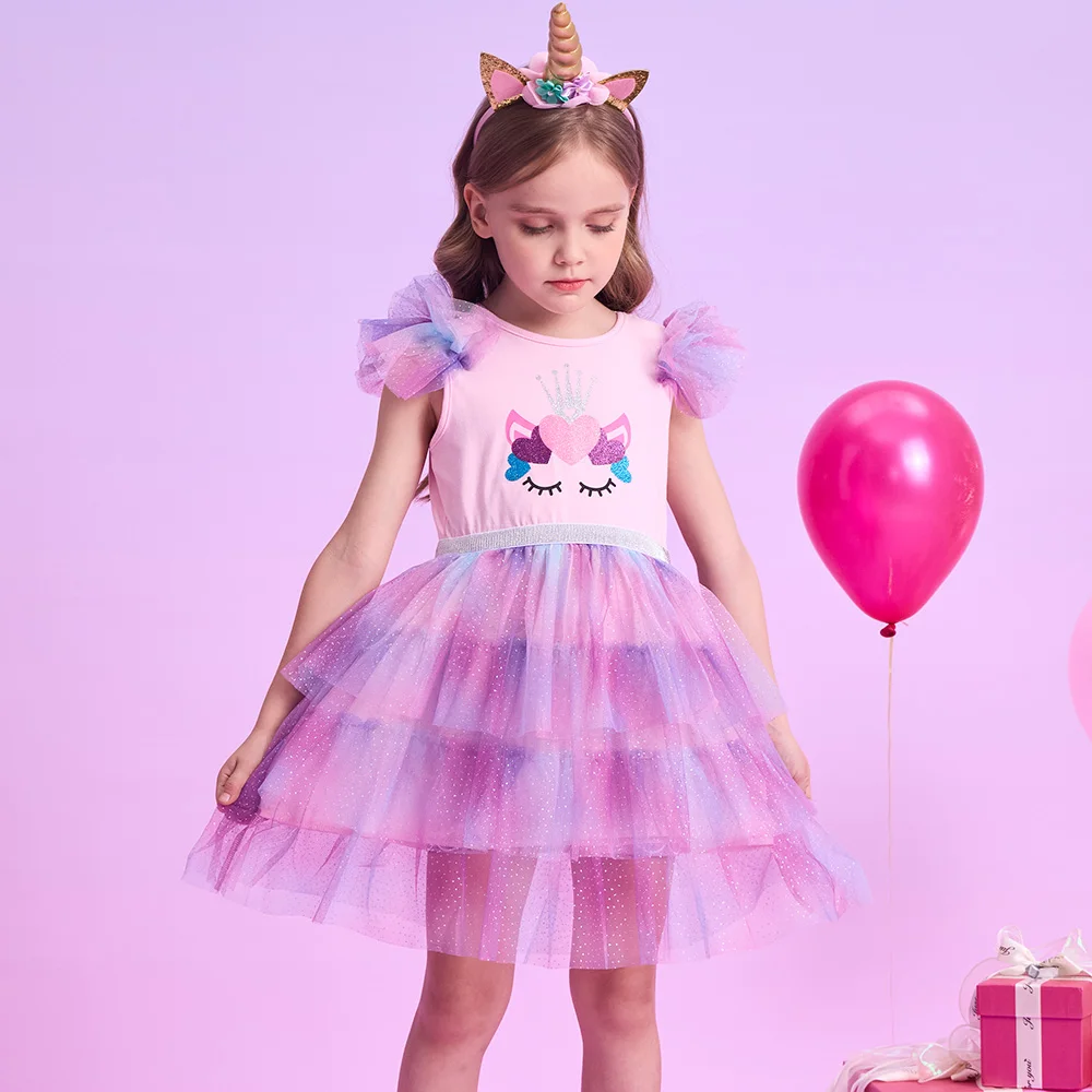 Mädchen Kleinkind Einhorn Kleid Rosa Lila Farbverlauf Glitzer Tüll Krone Herz Design Flauschig Layered Niedlich Party Casual Alltag Kleider – Detail 3