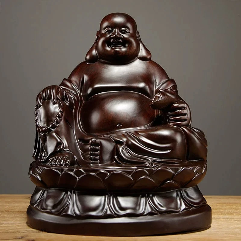 Carved Chinese Ebony Rosewood Laughing Maitreya Buddha Statue Fengshui Ingot Lotus Good Luck Wealth Figure Home Living Room Gift