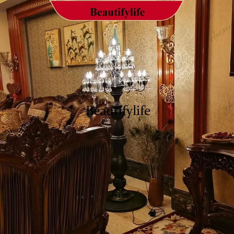 M138 French retro woodwork large luxury crystal floor lamp export villa hall corridor lamp